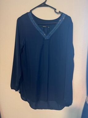 Apt. 9 Navy V-Neck Blouse with Beaded Trim